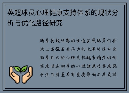 英超球员心理健康支持体系的现状分析与优化路径研究