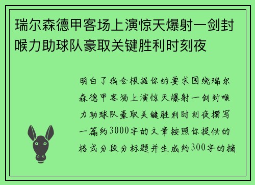 瑞尔森德甲客场上演惊天爆射一剑封喉力助球队豪取关键胜利时刻夜 瑞尔森德甲客场上演惊天爆射一剑封喉力助球队豪取关键胜利时刻夜