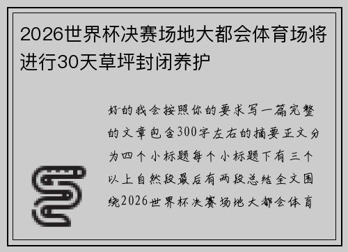 2026世界杯决赛场地大都会体育场将进行30天草坪封闭养护 2026世界杯决赛场地大都会体育场将进行30天草坪封闭养护
