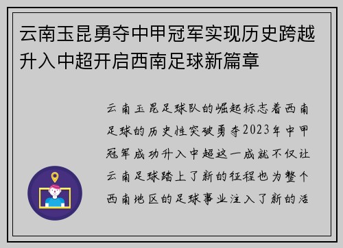 云南玉昆勇夺中甲冠军实现历史跨越升入中超开启西南足球新篇章